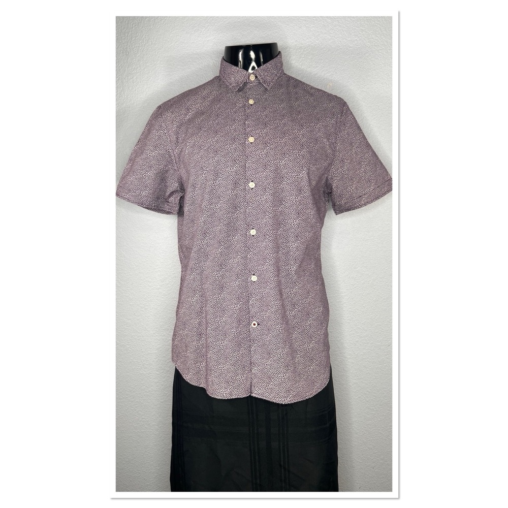 JOHN VARVATOS Purple/White Abstract Cotton Cuffed Short Sleeve Shirt Sz L